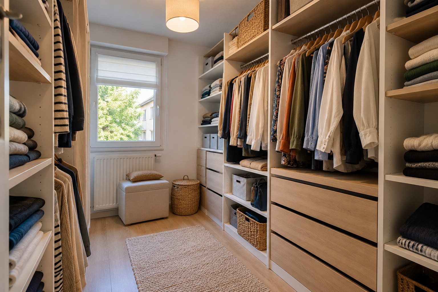 Inspiration Dressing compact et structuré : Étagères simples, modules ouverts et paniers